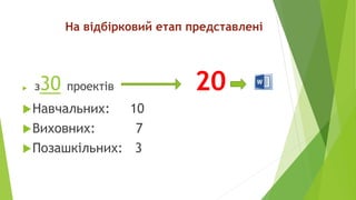 На відбірковий етап представлені
 з30 проектів 20
Навчальних: 10
Виховних: 7
Позашкільних: 3
 