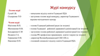 Журі конкурсу
Голова журі:
Гулей І.В. - начальник відділу освіти Гадяцької РДА
Сидоренко Т.О - заступник голови журі конкурсу, директор Гадяцького
науково-методичного центру
Члени журі:
Нікітенко В.П. . - голова Гадяцької районної ради (за згодою)
Матюшенко О.В. - голова Гадяцької районної державної адміністрації (за згодою)
Бондаренко С.М - заступник голови районної державної адміністрації (за згодою)
Недвига Г.А. - голова РК профспілки працівників освіти і науки (за згодою)
Геращенко О.В. - директор Великобудищанської СШ І-ІІІ ст.
Павленко О.П. - головний спеціаліст відділу освіти Гадяцької РДА
 