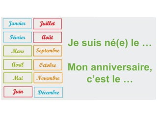 Je suis né(e) le …
Mon anniversaire,
c’est le …