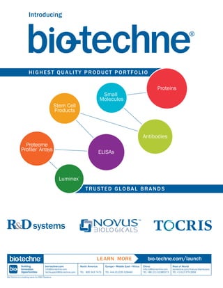 Small 
Molecules 
info@bio-techne.com 
techsupport@bio-techne.com TEL 800 343 7475 
Bio-Techne is a trading name for RD Systems 
North America 
Antibodies 
China 
info.cn@bio-techne.com 
TEL +86 (21) 52380373 
Rest of World 
bio-techne.com/find-us/distributors 
TEL +1 612 379 2956 
Europe ɿ Middle East ɿ Africa 
TEL +44 (0)1235 529449 
Introducing 
TRUSTED GLOBAL BRANDS 
Stem Cell 
Products 
ELISAs 
Luminex® 
Proteome 
Profiler™ Arrays 
Proteins 
HIGHEST QUALITY PRODUCT PORTFOLIO 
 