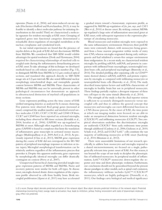 a gradual return toward a homeostatic expression profile, as 
suggested by MiDM up-regulation of fos, jun, myc, and CSF1 
(Wei et al., 2010) at disease onset. By striking contrast, MDMs 
up-regulated a large suite of inflammation-associated genes at 
EAE onset, with subsequent regression to the expression phe-notype 
of circulating monocytes. 
Blood monocytes and resident microglia were exposed to 
the same inflammatory environment. However, their preEAE 
states were extremely distinct, with monocytes being gener-ated 
from a bone marrow progenitor within weeks of entry 
into CNS, whereas microglia originated during early embryo-genesis 
and had inhabited a serum-free unique environment 
from midgestation. In a recent study, we characterized resident 
microglia by profiling mRNA, miRNA, and protein in com-parison 
with infiltrated brain macrophages, nonmicroglial resi-dent 
brain cells, and peripheral macrophages (Butovsky et al., 
2014). The detailed profiling after separating cells via CD45dim 
status showed distinct mRNA, miRNA, and protein expres-sion 
by microglia as compared with infiltrating monocytes or 
neuroepithelial brain cells (Butovsky et al., 2014). The study 
described transcription factors and miRNAs characteristic of 
microglia in healthy brain but not in peripheral monocytes. 
These findings partially explain a divergent response of these 
two cell types to the same stimuli (Butovsky et al., 2014). 
The strength of the study is that the dual reporter system 
is sufficient to accurately distinguish monocyte versus mi-croglial 
cells and thus to address the general concept that 
monocytes and microglia can exert differential functions in 
a CNS disease process. At the onset of EAE, the time point 
at which our imaging studies were focused, we are able to 
make an unequivocal distinction between resident microglia 
(CX3CR1gfp) and infiltrating monocytes (CCR2rfp). Two em-pirical 
observations underline this discrimination: microglia 
are uniformly CX3CR1+ from early embryonic time points 
through adulthood (Cardona et al., 2006; Ginhoux et al., 2010; 
Schulz et al., 2012), and CCR2+Ly6C+ cells constitute the vast 
majority of infiltrating monocytes at EAE onset (Saederup 
et al., 2010; Mizutani et al., 2012). 
There were unavoidable limitations of our research; spe-cifically, 
to address how monocytes and microglia respond to 
a shared microenvironment, we focused on a single, patho-genically 
relevant time point: onset of EAE. For this reason, it 
was beyond the scope of our study to decipher the phenotypic 
fate of infiltrated monocytes. In peripheral models of inflam-mation, 
Ly6Chi/CCR2rfp monocytes down-regulate the re-porter 
over time and show phenotypic evolution. Furthermore, 
our conclusions should not be generalized beyond the present 
disease paradigm: in other models, such as spinal cord contusion, 
the inflammatory infiltrate includes Ly6Clow/CX3CR1gfp 
monocytes, which are highly pathogenic (Donnelly et al., 
2011). Our findings carry biological and medical significance 
opsonins (Nauta et al., 2004); and stress-induced eat-me sig-nals 
(Hochreiter-Hufford and Ravichandran, 2013), it may be 
feasible to identify a direct molecular pathway for initiating de-myelination 
in this model. Third, we characterized a molecu-lar 
signature for resident microglia at EAE onset. Grouping of 
regulated genes into functional categories demonstrated a 
remarkable down-regulation of microglial metabolism at the 
nuclear, cytoplasmic and cytoskeletal levels. 
In our initial experiments we found that the presence of 
myelin debris at the peak of EAE did not discriminate MDMs 
from MiDMs. We considered that SBF-SEM would exhibit 
advantages for spatial resolution (Denk and Horstmann, 2004) 
required for characterizing relationships of myeloid cells to 
axoglial units during the inflammatory demyelinating process 
at EAE onset. To take advantage of this technique we developed 
methods based on cell volume and process number (Fig. 1 E), 
to distinguish MDMs from MiDMs in 0.2-μm confocal optical 
sections, and translated this approach directly to SBF-SEM 
image sets at 0.2-μm intervals. We also noted differential nuclear 
morphology, mitochondrial shape, and osmiophilic granule 
content between MDMs and MiDMs. These characteristics of 
MDMs and MiDMs may not be universally present in other 
pathological circumstances but demonstrate an approach 
to ultrastructural distinction of myeloid cell populations in 
tissue sections. 
Gene expression profiling across the time course of EAE 
yielded intriguing kinetics as analyzed by k-means clustering. 
Five patterns were observed. Red group genes (increased at 
onset) comprised the smallest number and involved several sur-face 
molecules: CCR1, CCR7, CXCR2, and CD40. Of these, 
CCR7 and CD40 have been reported on activated microglia, 
including those observed in MS tissue sections (Kivisäkk et al., 
2004; Serafini et al., 2006). GAPDH was up-regulated in 
MiDMs at onset. Although often regarded as a housekeeping 
gene, GAPDH is found in complexes that limit the translation 
of inflammatory gene transcripts in activated mouse macro-phages 
(Mukhopadhyay et al., 2009; Arif et al., 2012). As pre-viously 
reported (Chiu et al., 2013), MiDM gene expression 
during the course of EAE did not correspond to the M1/M2 
pattern of peripheral macrophage responses to infection or tis-sue 
injury. Microglial morphological transformation can be 
relatively uniform regardless of the inflammatory process that 
provokes it. Despite this apparent uniformity, gene expression 
by morphologically identical microglia can differ drastically 
contingent on context (Perry et al., 2007). 
Unsupervised hierarchical clustering provided insight into 
gene expression patterns of MDMs and MiDMs. Naive and 
recovery patterns were similar for both cell types. At disease 
onset, microglia showed drastic down-regulation of the expres-sion 
profile observed in cells from healthy brain. Brisk mi-croglial 
proliferation (Ajami et al., 2011) may have accelerated 
(2) z-score. Orange object denotes predicted activation of the network object. Blue object denotes predicted inhibition of the network object. Predicted 
relationships (connecting lines): orange, leads to activation; blue, leads to inhibition; yellow, finding inconsistent with state of downstream molecule; 
gray, effect not predicted. 
1546 Distinguishing microglia and monocytes in EAE CNS | Yamasaki et al. 
 