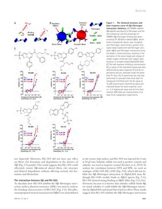 JEM Vol. 211, No. 6 
Ar t icle 
to the sensor chip surface, and RU-505 was injected for 2 min 
at 30 μl/min. Sulindac sulfide was used as positive control, and 
sulindac was used as negative control (Richter et al., 2010). To 
analyze the correlation between HTS and SPR, we used an 
analogue of RU-505, RU-4180 (Fig. 2 H), which did not in-hibit 
the A–fibrinogen interaction in AlphaLISA assay. Al-though 
RU-4180 weakly binds to A42 (green; Fig. 2 G), 
RU-505 showed strong binding to A42 (blue; Fig. 2 G). Fur-thermore, 
because it is known that sulindac sulfide binds A, 
we tested whether it could inhibit the A–fibrinogen interac-tion 
by AlphaLISA and found that it had no effect. These results 
suggest that RU-505 inhibits the A–fibrinogen interaction 
1051 
not depicted). Moreover, RU-505 did not have any effect 
on fibrin clot formation and degradation in the absence of 
A (Fig. 2 D, purple). This result suggests that RU-505 could 
effectively restore A-induced altered fibrin clot structure 
and delayed degradation without affecting normal clot for-mation 
and fibrinolysis. 
The interaction between A and RU-505 
To elucidate how RU-505 inhibits the A–fibrinogen inter-action, 
surface plasmon resonance (SPR) was used to analyze 
the binding characteristics of RU-505 (Fig. 2 G). Hexaflu-oroisopropanol- 
treated monomerized A42 was immobilized 
Figure 1. The chemical structure and 
dose–response curve of A–fibrinogen 
interaction inhibitors. (A) TAMRA–labeled 
A peptide was bound to fibrinogen and the 
test compound, and the anisotropy of 
TAMRA–A–fibrinogen binding was deter-mined 
by FP. (B) Biotin-labeled A42, which 
binds a streptavidin donor, was incubated 
with fibrinogen, which binds a protein A ac-ceptor 
bead coated with antifibrinogen anti-body. 
A42 and fibrinogen interactions bring 
the beads in close proximity, resulting in the 
excitation of the donor beads and release of 
singlet oxygen molecules that triggers light 
emission in acceptor beads (AlphaLISA [AL]). 
(C) The half-maximal inhibitory concentration 
(IC50) values of the indicated compounds were 
determined by dose–response FP and AL ex-periments 
and are indicated inside the panel 
(red, FP; blue, AL). A quenching test was also 
performed to calculate how much each hit 
compound interfered with the AL signal at 
10 μM concentration. Quenching values are 
indicated below the dose–response curve. 
n = 3–4 repeats per assay and all error bars 
indicate SEM. Data are representative of at 
least three independent experiments. 
 