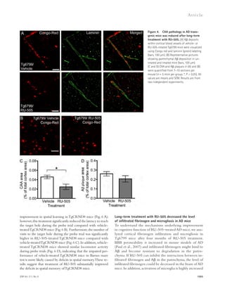 JEM Vol. 211, No. 6 
Ar t icle 
Long-term treatment with RU-505 decreased the level 
of infiltrated fibrinogen and microgliosis in AD mice 
To understand the mechanisms underlying improvement 
in cognitive function of RU-505–treated AD mice, we ana­lyzed 
cortical fibrinogen infiltration and microgliosis in 
Tg6799 mice after four months of RU-505 treatment. 
BBB permeability is increased in mouse models of AD 
(Paul et al., 2007) and infiltrated fibrinogen might bind to 
A and become resistant to degradation in the paren-chyma. 
If RU-505 can inhibit the interaction between in-filtrated 
fibrin­ogen 
and A in the parenchyma, the level of 
infiltrated fibrinogen could be decreased in the brain of AD 
mice. In addition, activation of microglia is highly increased 
1055 
improvement in spatial learning in TgCRND8 mice (Fig. 6 A); 
however, this treatment significantly reduced the latency to reach 
the target hole during the probe trial compared with vehicle-treated 
TgCRND8 mice (Fig. 6 B). Furthermore, the number of 
visits to the target hole during the probe trial was significantly 
higher in RU-505–treated TgCRND8 mice compared with 
vehicle-treated TgCRND8 mice (Fig. 6 C). In addition, vehicle-treated 
TgCRND8 mice showed similar locomotor activity 
during probe trials (Fig. 6 D), indicating that the impaired per-formance 
of vehicle-treated TgCRND8 mice in Barnes maze 
test is more likely caused by deficits in spatial memory. These re-sults 
suggest that treatment of RU-505 substantially improved 
the deficits in spatial memory of TgCRND8 mice. 
Figure 4. CAA pathology in AD trans-genic 
mice was reduced after long-term 
treatment with RU-505. (A) A deposits 
within cortical blood vessels of vehicle- or 
RU-505–treated Tg6799 mice were visualized 
using Congo red and laminin (green) labeling 
(bars, 100 μm). (B) Representative pictures 
showing parenchymal A deposition in un-treated 
and treated mice (bars, 100 μm). 
(C and D) CAA and A plaques in (A) and (B) 
were quantified from 7–10 sections per 
mouse (n = 5 mice per group; *, P  0.05). All 
values are means and SEM. Results are from 
two independent experiments. 
 