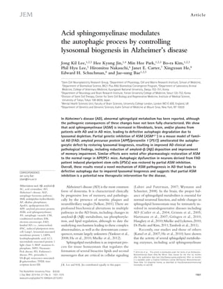 Ar t icle 
Acid sphingomyelinase modulates 
the autophagic process by controlling 
lysosomal biogenesis in Alzheimer’s disease 
Jong Kil Lee,1,2,3 Hee Kyung Jin,1,4 Min Hee Park,1,2,3 Bo-ra Kim,1,2,3 
Phil Hyu Lee,5 Hiromitsu Nakauchi,6 Janet E. Carter,7 Xingxuan He,8 
Edward H. Schuchman,8 and Jae-sung Bae1,2,3 
1Stem Cell Neuroplasticity Research Group, 2Department of Physiology, Cell and Matrix Research Institute, School of Medicine, 
3Department of Biomedical Science, BK21 Plus KNU Biomedical Convergence Program, 4Department of Laboratory Animal 
Medicine, College of Veterinary Medicine, Kyungpook National University, Daegu 702-701, Korea 
5Department of Neurology and Brain Research Institute, Yonsei University College of Medicine, Seoul 120-752, Korea 
6Division of Stem Cell Therapy, Center for Stem Cell Biology and Regenerative Medicine, Institute of Medical Science, 
University of Tokyo, Tokyo 108-8639, Japan 
7Mental Health Sciences Unit, Faculty of Brain Sciences, University College London, London WC1E 6DE, England, UK 
8Department of Genetics and Genomic Sciences, Icahn School of Medicine at Mount Sinai, New York, NY 10029 
In Alzheimer’s disease (AD), abnormal sphingolipid metabolism has been reported, although 
the pathogenic consequences of these changes have not been fully characterized. We show 
that acid sphingomyelinase (ASM) is increased in fibroblasts, brain, and/or plasma from 
patients with AD and in AD mice, leading to defective autophagic degradation due to 
lysosomal depletion. Partial genetic inhibition of ASM (ASM+/) in a mouse model of famil-ial 
pathological findings, including reduction of amyloid- (A) deposition and improvement 
of memory impairment. Similar effects were noted after pharmacologic restoration of ASM 
to the normal range in APP/PS1 mice. Autophagic dysfunction in neurons derived from FAD 
patient induced pluripotent stem cells (iPSCs) was restored by partial ASM inhibition. 
Overall, these results reveal a novel mechanism of ASM pathogenesis in AD that leads to 
defective autophagy due to impaired lysosomal biogenesis and suggests that partial ASM 
inhibition is a potential new therapeutic intervention for the disease. 
The Rockefeller University Press $30.00 
J. Exp. Med. 2014 Vol. 211 No. 8 1551-1570 
www.jem.org/cgi/doi/10.1084/jem.20132451 
AD (FAD; amyloid precursor protein [APP]/presenilin 1 [PS1]) ameliorated the autopha-gocytic 
1551 
defect by restoring lysosomal biogenesis, resulting in improved AD clinical and 
Alzheimer’s disease (AD) is the most common 
form of dementia. It is characterized clinically 
by progressive loss of memory, and pathologi-cally 
by the presence of neuritic plaques and 
neurofibrillary tangles (Selkoe, 2001). There are 
profound biochemical alterations in multiple 
pathways in the AD brain, including changes in 
amyloid- (A) metabolism, tau phosphoryla-tion, 
and lipid regulation, although to date the 
underlying mechanisms leading to these complex 
abnormalities, as well as the downstream conse-quences, 
remain largely unknown (Yankner et al., 
2008; He et al., 2010; Mielke et al., 2012). 
Sphingolipid metabolism is an important pro-cess 
for tissue homeostasis that regulates the 
formation of several bioactive lipids and second 
messengers that are critical in cellular signaling 
(Lahiri and Futerman, 2007; Wymann and 
Schneiter, 2008). In the brain, the proper bal-ance 
of sphingolipid metabolites is essential for 
normal neuronal function, and subtle changes in 
sphingolipid homeostasis may be intimately in-volved 
in neurodegenerative diseases including 
AD (Cutler et al., 2004; Grimm et al., 2005; 
Hartmann et al., 2007; Grösgen et al., 2010; 
Haughey et al., 2010; Mielke and Lyketsos, 2010; 
Di Paolo and Kim, 2011; Tamboli et al., 2011). 
Recently, our studies and those of others 
(Katsel et al., 2007; He et al., 2010) have shown 
that the activity of several sphingolipid metaboli­z­ing 
enzymes, including acid sphingomyelinase 
CORRESPONDENCE 
Jae-sung Bae: 
jsbae@knu.ac.kr 
Abbreviations used: A, amyloid-; 
AC, acid ceramidase; AD, 
Alzheimer’s disease; ALP, 
autophagy–lysosome pathway; 
AMI, amitriptyline-hydrochloride; 
AP, alkaline phosphatase; 
ApoE4, apolipoprotein E4; 
APP, amyloid precursor protein; 
ASM, acid sphingomyelinase; 
AV, autophagic vacuole; CM, 
conditioned medium; EM, 
electron microscope; FAD, 
familial AD; i.c., intracerebral; 
iPSC, induced pluripotent stem 
cell; Lamp1, lysosomal-associated 
membrane protein 1; LBPA, 
lysobisphosphatidic acid; LC3, 
microtubule-associated protein 1 
light chain 3; M6P, mannose-6- 
phosphate; NPD, Niemann- 
Pick disease; PD, Parkinson’s 
disease; PS1, presenilin 1; 
SA--gal, senescence-associated- 
-galactosidase; TFEB, tran-scription 
factor EB. J.K. Lee and H.K. Jin contributed equally to this paper. 
© 2014 Lee et al. This article is distributed under the terms of an Attribution– 
Noncommercial–Share Alike–No Mirror Sites license for the first six months 
after the publication date (see http://www.rupress.org/terms). After six months 
it is available under a Creative Commons License (Attribution–Noncommercial– 
Share Alike 3.0 Unported license, as described at http://creativecommons.org/ 
licenses/by-nc-sa/3.0/). 
 
