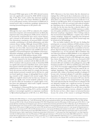 2007). Moreover, it has been shown that the abnormal au-tophagic 
flux in AD may be due to dysfunction at the late au-tophagy 
stage associated with the lysosome (Lai and McLaurin, 
2012; Zhou et al., 2012). Similar to previous results (Lee et al., 
2010b; Lai and McLaurin, 2012), we found that the impaired 
autophagic flux in AD was associated with reduced autopha-gic 
degradation due to decreased ALP function. In addition, 
we show for the first time that this is directly linked to ele-vated 
ASM activity. Suppression of ASM expression or inhibi-tion 
of its uptake and delivery to lysosomes using M6P reversed 
abnormal autophagic degradation. These findings indicate 
that increased lysosomal ASM plays a negative role in AD by 
causing autophagic dysfunction, suggesting that therapeutic 
strategies to restoring ASM activity to the normal range may 
be beneficial for AD pathology. 
This was further studied in the AD mice by finding that 
partial genetic or systemic inhibition of ASM activities in these 
animals largely reversed autophagic pathology by restoring 
ALP function, as well as reducing the accumulation of incom-pletely 
digested substrates within the autophagic-lysosomal 
compartments (e.g., LC3-II and p62). A accumulation also 
was reduced in response to ASM inhibition, as was cathepsin D 
expression. There are several challenges associated with inter-pretation 
of cathepsin D levels in AD. Although some reports 
have shown that cathepsin D activities were decreased in AD 
(Lee et al., 2010b), many studies indicate that cathepsin D is 
elevated in AD and contributes to the pathogenesis, such as A 
formation (Cataldo et al., 2004; Lai and McLaurin, 2012; Zhou 
et al., 2012). A recent paper suggested that COP9 signalosome 
deficiency increased cathepsin D levels but reduced the au-tophagic 
degradation. They suggested that these results were 
associated with a failure of lysosomal assembly of cathepsin D 
because only a lysosomal cathepsin D could affect autophagic 
degradation (Su et al., 2011). In this study, we have found that 
maturation of cathepsin D was increased in AD mice, but the 
actual enzyme activity was not changed between the groups. 
This result indicated that the elevated levels of cathepsin D did 
not ultimately translate into a significant increase of enzyme 
activity. Based on these papers and our data, a plausible inter-pretation 
of increased cathepsin D in our AD mice is that AD 
microenvironment attempts to increase cathepsin D synthesis, 
but this does not have a direct impact on lysosomal function 
because the activity of the enzyme is unchanged. Therefore, 
Decreased TFEB target genes in PS1 iPSC-derived neurons 
were also significantly increased by ASM siRNA treatment 
(Fig. 10 M). These results confirm that abnormal autophagy 
observed in AD mice and human fibroblasts by ASM also 
occur in AD patient neurons, and restoration of ASM back to 
normal levels is able to ameliorate autophagic dysfunction by 
restoring lysosomal biogenesis in AD patient cells. 
DISCUSSION 
Although the exact causes of AD are unknown, the complex 
interactions of genetic and environmental factors are likely play 
important roles in the pathogenesis. ASM activity is known to 
be increased by environmental stress and in various diseases, 
and is elevated in AD patients (He and Schuchman, 2012). 
One downstream consequence of increased ASM is elevated 
ceramide, contributing to cell death, inflammation, and other 
common disease findings. Although elevated ASM is known 
to occur in AD, the cellular mechanisms that link ASM and 
AD have not been fully characterized. The data presented 
here suggest a previously unknown role of ASM in the down-regulation 
of lysosomal biogenesis and inhibition of lysosome-dependent 
autophagic proteolysis. The findings also establish 
proof of concept for ASM inhibitor therapy in AD. 
Our previous study showed that sphingolipid metabolism 
was severely impaired in the human AD brain, and that ASM 
activity was positively correlated with the A levels (He et al., 
2010). Consistent with our previous study, we found that ASM 
was significantly increased in fibroblasts, brain, and/or plasma 
from patients with AD and in AD mice, although other sphin-golipid 
factors were unaltered. There are some differences be-tween 
the previous and this study. For example, the previous 
results showed increased ceramide level in AD, but we could 
not found significant changes of sphingolipid factors includ-ing 
ceramide in AD compared with normal samples. These 
differences might be related to the fact that once formed, ce-ramide 
can rapidly enter several metabolic pathways. It may 
be used for either the biosynthesis of complex lipids or bro-ken 
down into sphingosine, which itself is rapidly converted 
to sphingosine 1 phosphate. 
Accumulation of abnormal AVs has been observed in AD 
(Lee et al., 2010b; Nixon and Yang, 2011), and the autophagy 
pathway is increasingly regarded as an important contributor 
to A-mediated pathogenesis in AD (Yu et al., 2005; Nixon, 
fibroblast after ASM inhibition (n = 5–6 per group). (D–G) Generation of PS1 iPSC lines from patient fibroblast. (D) Established iPSCs showed embryonic 
stem cell–like morphology (Phase; bar, 1 mm), AP activity (bar, 200 μm), and expressed pluripotent stem cell markers SSEA4 (bar 100 μm), TRA1-60 (bar 
100 μm), and TRA1-81 (bar 100 μm). (E) Normal karyotype of PS1 iPSC. (F) Quantitative real-time PCR analysis of hESC marker gene of PS1 iPSC (n = 3 per 
group). (G) Gross morphology and hematoxylin-eosin staining of representative teratomas generated from PS1-4 iPSCs (bars, 50 μm). (H) Estimation of 
neural differentiation from control and PS1-4 iPSCs. Representative images of immunocytochemical staining the -III tubulin after neural differentiation 
(bars, 50 μm). (I) The amount of A42 secreted from control iPSC-derived neuron and PS1 iPSC-derived neuron (n = 5 per group). (J) Characterization of 
ASM activity in the control and PS1 iPSC and iPSC-derived neurons (n = 6 per group). (K) Western blot analyses for LC3, beclin-1, p62, TFEB, and Lamp1 in 
the control and PS1-4 iPSC–derived neuron after ASM siRNA treatment (n = 5–6 per group). (L) EM images and quantification data of control and PS1 
iPSC-derived neurons. Higher magnification of boxed area shows detail of AVs (arrow; n = 4 per group; bars: [low magnification] 1 μm, [high magnifica-tion] 
500 nm). (M) Quantitative real-time PCR analysis of TFEB-target gene expression in iPSC-derived neurons after ASM siRNA treatment (n = 5–6 per 
group). Data are representative of two (A, D–G, I, and L), or three (B, C, H, J, K, and M) independent experiments. A, C, F, I, J, and M, Student’s t test. B, K, 
and L, one-way ANOVA, Tukey’s post hoc test. *, P  0.05; **, P  0.01; ***, P  0.001. A–K, error bars indicate SEM. L and M, Error bars indicate SD. 
1566 Role of ASM in the pathogenesis of AD | Lee et al. 
 