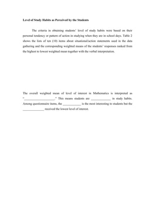 Level of Study Habits as Perceived by the Students


       The criteria in obtaining students’ level of study habits were based on their
personal tendency or pattern of action in studying when they are in school days. Table 2
shows the lists of ten (10) items about situational/action statements used in the data
gathering and the corresponding weighted means of the students’ responses ranked from
the highest to lowest weighted mean together with the verbal interpretation.




The overall weighted mean of level of interest in Mathematics is interpreted as
“____________________.” This means students are _____________ in study habits.
Among questionnaire items, the ____________ is the most interesting to students but the
______________ received the lowest level of interest.
 