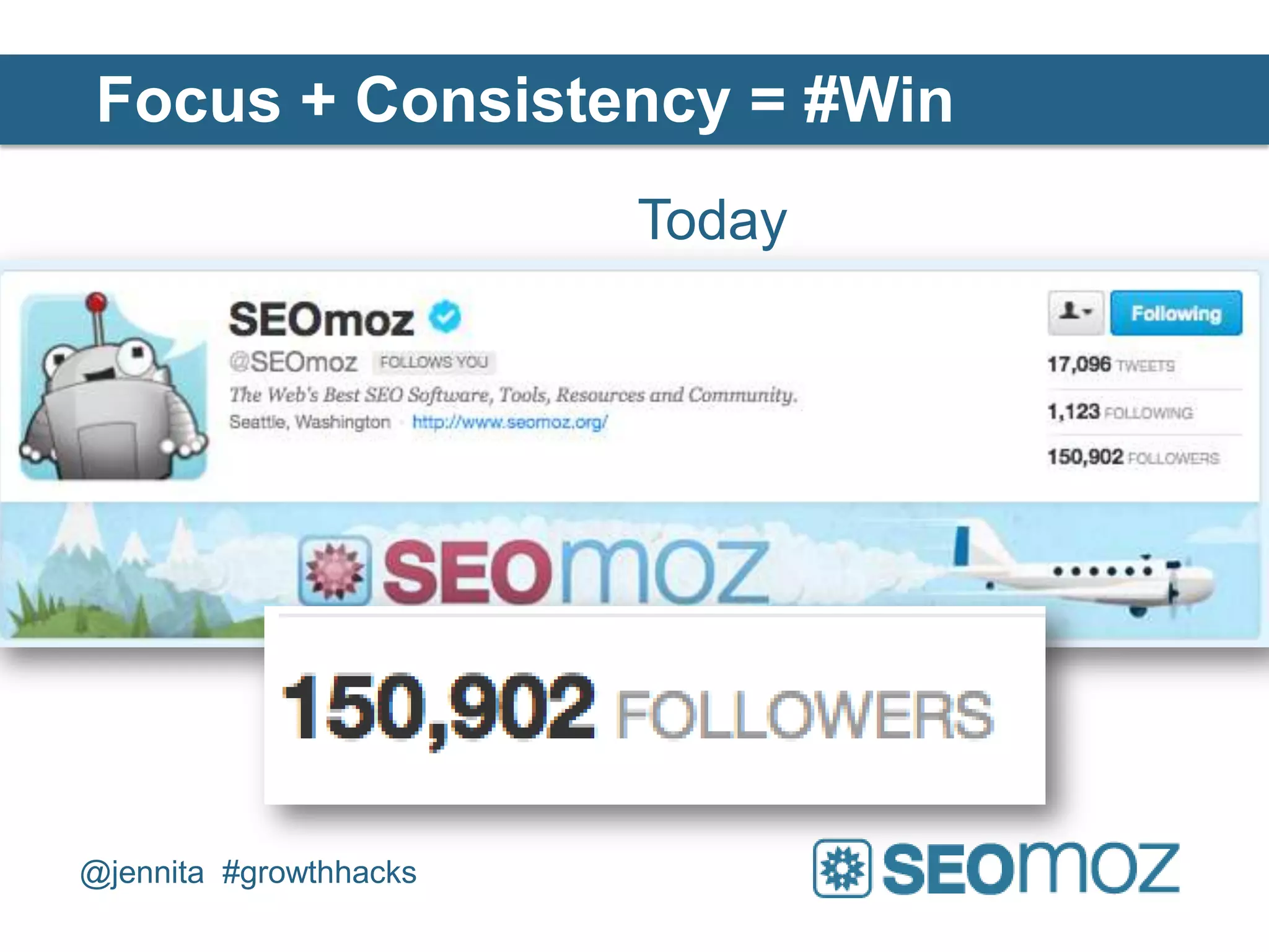 Focus + Consistency = #Win
                        Today




@jennita #growthhacks
 