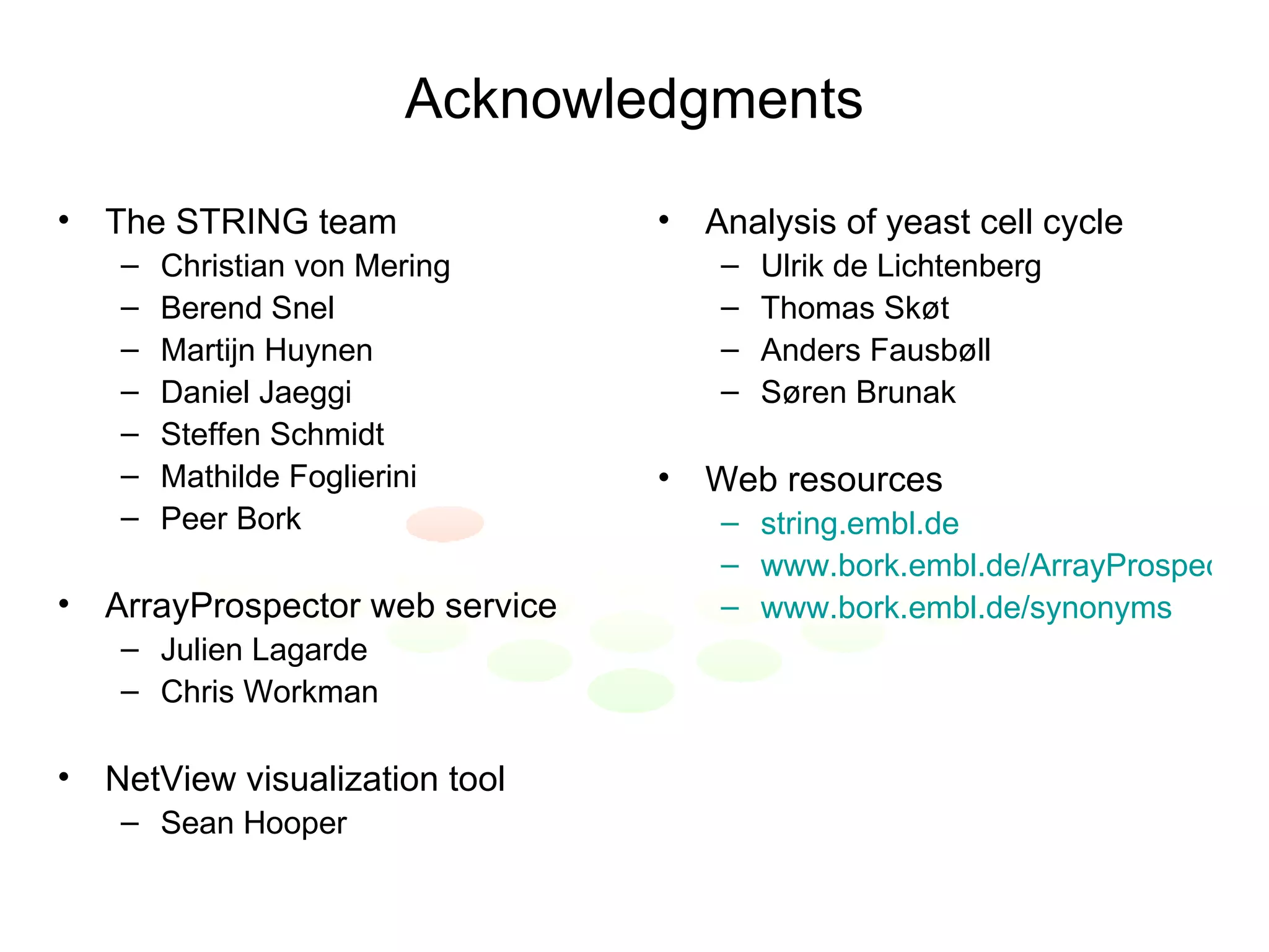 Acknowledgments The STRING team Christian von Mering Berend Snel Martijn Huynen Daniel Jaeggi Steffen Schmidt Mathilde Foglierini Peer Bork ArrayProspector web service Julien Lagarde Chris Workman NetView visualization tool Sean Hooper Analysis of yeast cell cycle Ulrik de Lichtenberg Thomas Skøt Anders Fausbøll Søren Brunak Web resources string.embl.de www.bork.embl.de/ArrayProspector www.bork.embl.de/synonyms 