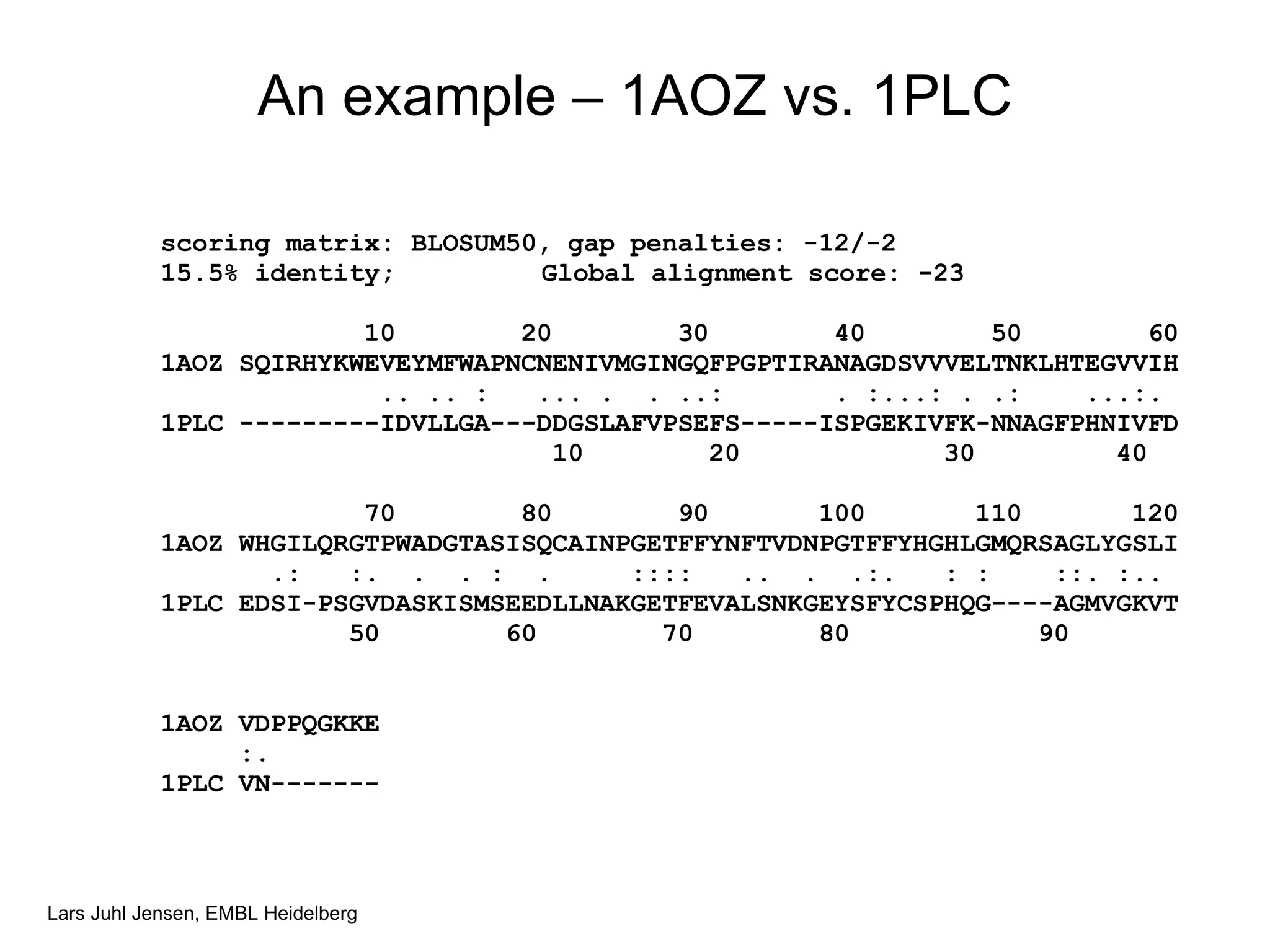An example – 1AOZ vs. 1PLC scoring matrix: BLOSUM50, gap penalties: -12/-2 15.5% identity; Global alignment score: -23   10  20  30  40  50  60 1AOZ  SQIRHYKWEVEYMFWAPNCNENIVMGINGQFPGPTIRANAGDSVVVELTNKLHTEGVVIH   .. .. :  ... .  . ..:  . :...: . .:  ...:.  1PLC ---------IDVLLGA---DDGSLAFVPSEFS-----ISPGEKIVFK-NNAGFPHNIVFD   10  20  30  40    70  80  90  100  110  120 1AOZ  WHGILQRGTPWADGTASISQCAINPGETFFYNFTVDNPGTFFYHGHLGMQRSAGLYGSLI   .:  :.  .  . :  .  ::::  ..  .  .:.  : :  ::. :..  1 PLC  EDSI-PSGVDASKISMSEEDLLNAKGETFEVALSNKGEYSFYCSPHQG----AGMVGKVT   50  60  70  80  90  1AOZ  VDPPQGKKE   :.  1PLC VN------- 