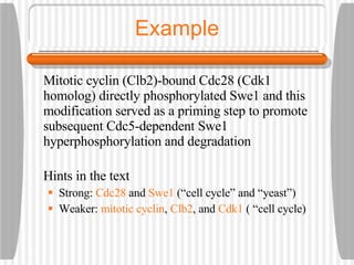 Example Mitotic cyclin (Clb2)-bound Cdc28 (Cdk1 homolog) directly phosphorylated Swe1 and this modification served as a priming step to promote subsequent Cdc5-dependent Swe1 hyperphosphorylation and degradation Hints in the text Strong:  Cdc28  and  Swe1  (“cell cycle” and “yeast”) Weaker:  mitotic cyclin ,  Clb2 , and  Cdk1  ( “cell cycle) 