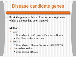 Disease candidate genes Rank the genes within a chromosomal region to which a disease has been mapped Methods G2D Gene  Function  Chemical  Phenotype  Disease Uses M EDLINE  but not the text B ITOLA Gene  Words  Disease (similar to A RROWSMITH ) Hide and co-workers Gene  Tissue  Disease 
