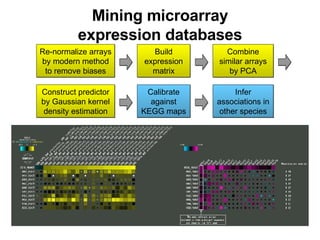 Mining microarray expression databases Re-normalize arrays by modern method to remove biases Build expression matrix Combine similar arrays by PCA Construct predictor by Gaussian kernel density estimation Calibrate against KEGG maps Infer associations in other species 