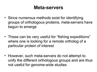 Meta-servers Since numerous methods exist for identifying groups of orthologous proteins, meta-servers have begun to emerge These can be very useful for “fishing expeditions” where one is looking for a remote ortholog of a particular protein of interest However, such meta-servers do not attempt to unify the different orthologous groups and are thus not useful for genome-wide studies 