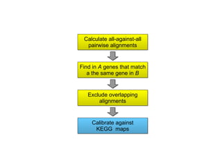 Find in  A  genes that match a the same gene in  B Exclude overlapping alignments Calibrate against KEGG  maps Calculate all-against-all pairwise alignments 