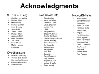 Acknowledgments NetPhorest.info Rune Linding Martin Lee Miller Francesca Diella Claus Jørgensen Michele Tinti Lei Li Marilyn Hsiung Sirlester A. Parker Jennifer Bordeaux Thomas Sicheritz-Pontén Marina Olhovsky Adrian Pasculescu Jes Alexander Stefan Knapp Nikolaj Blom Peer Bork Shawn Li Gianni Cesareni Tony Pawson Benjamin E. Turk Michael B. Yaffe Søren Brunak STRING-DB.org Christian von Mering Michael Kuhn Manuel Stark Samuel Chaffron Chris Creevey Jean Muller Tobias Doerks Philippe Julien Alexander Roth Milan Simonovic Jan Korbel Berend Snel Martijn Huynen Peer Bork Cyclebase.org Ulrik de Lichtenberg Thomas Skøt Jensen Nicholas Paul Gauthier Rasmus Wernersson Søren Brunak NetworKIN.info Rune Linding Gerard Ostheimer Heiko Horn Martin Lee Miller Francesca Diella Karen Colwill Jing Jin Pavel Metalnikov Vivian Nguyen Adrian Pasculescu Jin Gyoon Park Leona D. Samson Rob Russell Peer Bork Michael Yaffe Tony Pawson 