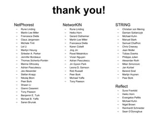 thank you!
NetPhorest
– Rune Linding
– Martin Lee Miller
– Francesca Diella
– Claus Jørgensen
– Michele Tinti
– Lei Li
– Marilyn Hsiung
– Sirlester A. Parker
– Jennifer Bordeaux
– Thomas Sicheritz-Pontén
– Marina Olhovsky
– Adrian Pasculescu
– Jes Alexander
– Stefan Knapp
– Nikolaj Blom
– Peer Bork
– Shawn Li
– Gianni Cesareni
– Tony Pawson
– Benjamin E. Turk
– Michael B. Yaffe
– Søren Brunak
STRING
– Christian von Mering
– Damian Szklarczyk
– Michael Kuhn
– Manuel Stark
– Samuel Chaffron
– Chris Creevey
– Jean Muller
– Tobias Doerks
– Philippe Julien
– Alexander Roth
– Milan Simonovic
– Jan Korbel
– Berend Snel
– Martijn Huynen
– Peer Bork
Reflect
– Sune Frankild
– Heiko Horn
– Evangelos Pafilis
– Michael Kuhn
– Nigel Brown
– Reinhardt Schneider
– Sean O’Donoghue
NetworKIN
– Rune Linding
– Heiko Horn
– Gerard Ostheimer
– Martin Lee Miller
– Francesca Diella
– Karen Colwill
– Jing Jin
– Pavel Metalnikov
– Vivian Nguyen
– Adrian Pasculescu
– Jin Gyoon Park
– Leona D. Samson
– Rob Russell
– Peer Bork
– Michael Yaffe
– Tony Pawson
 