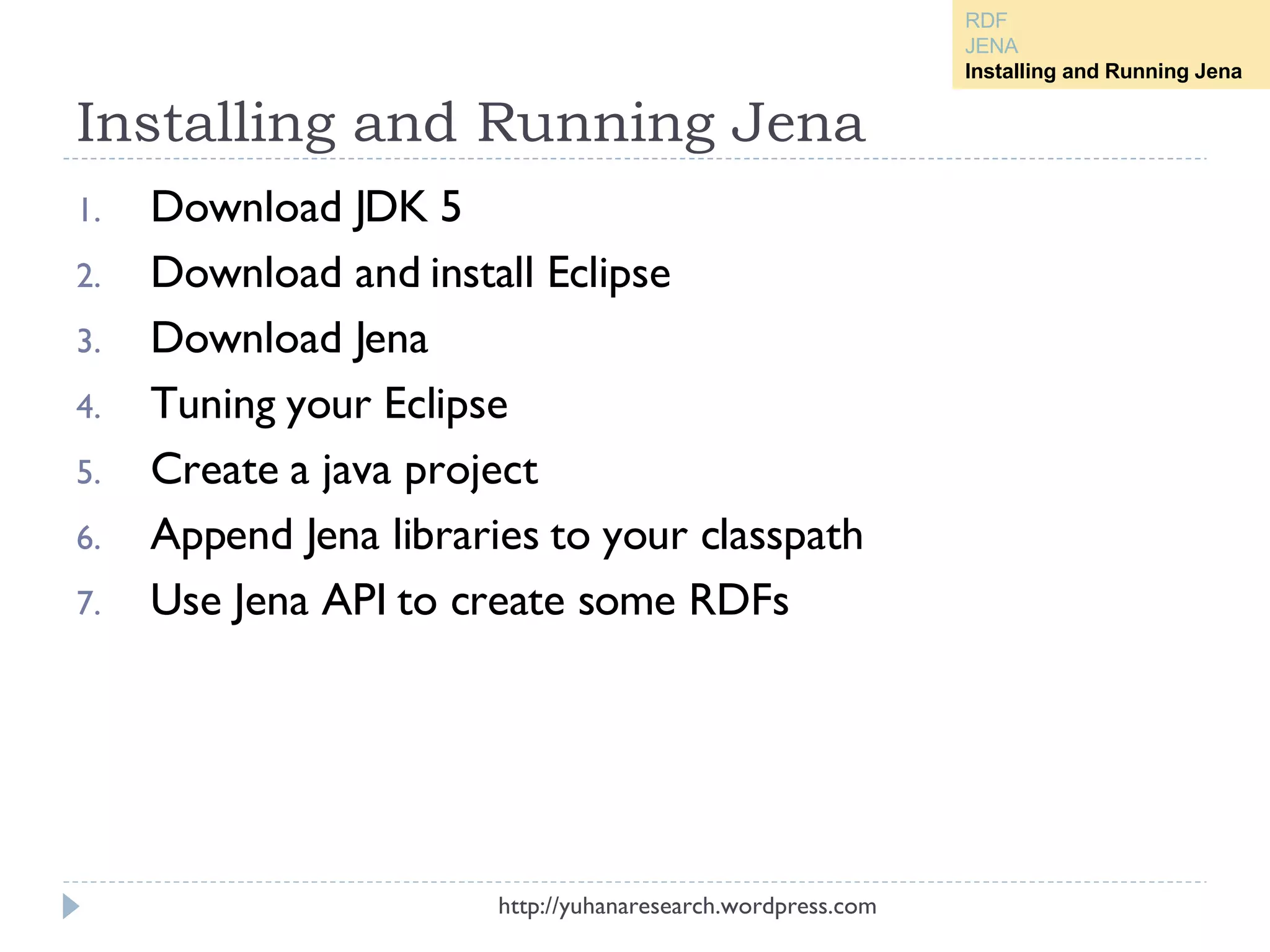 Installing and Running Jena Download JDK 5 Download and install Eclipse Download Jena Tuning your Eclipse Create a java project Append Jena libraries to your classpath Use Jena API to create some RDFs http://yuhanaresearch.wordpress.com RDF JENA Installing and Running Jena 