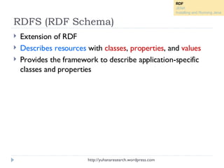 RDFS (RDF Schema) <ul><li>Extension of RDF </li></ul><ul><li>Describes resources  with  classes ,  properties , and  value...