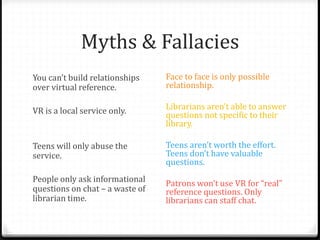 Myths & Fallacies
You can’t build relationships
over virtual reference.
VR is a local service only.
Teens will only abuse the
service.
People only ask informational
questions on chat – a waste of
librarian time.
Face to face is only possible
relationship.
Librarians aren’t able to answer
questions not specific to their
library.
Teens aren’t worth the effort.
Teens don’t have valuable
questions.
Patrons won’t use VR for “real”
reference questions. Only
librarians can staff chat.
 