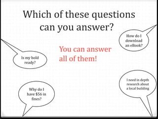 Which of these questions
can you answer?
Is my hold
ready?
How do I
download
an eBook?
Why do I
have $56 in
fines?
I need in depth
research about
a local building
You can answer
all of them!
 