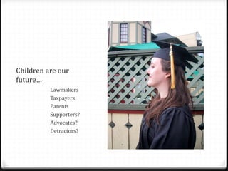 Children are our
future…
Lawmakers
Taxpayers
Parents
Supporters?
Advocates?
Detractors?
 