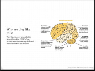 Why are they like
this?
They have slower access to the
frontal lobe (the “CEO” of our
brains); decision making skills and
impulse control are affected.
Image courtesy of Australia's FaHCSIA website
 