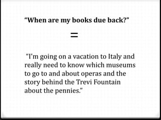 “When are my books due back?”
=
“I’m going on a vacation to Italy and
really need to know which museums
to go to and about operas and the
story behind the Trevi Fountain
about the pennies.”
 