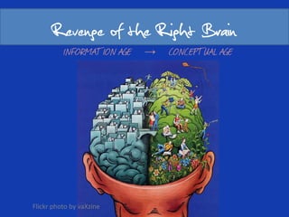Revenge of the Right Brain
          INFORMATION AGE   →   CONCEPTUAL AGE




Flickr photo by vaXzine
 