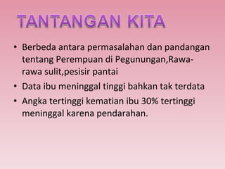 Berbeda antara permasalahan dan pandangan tentang Perempuan di Pegunungan,Rawa-rawa sulit,pesisir pantai Data ibu meninggal tinggi bahkan tak terdata Angka tertinggi kematian ibu 30% tertinggi meninggal karena pendarahan. 