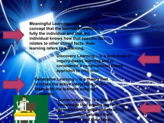 CONCEPTUAL MODEL OF LEARNING
Meaningful Learning – refers to the
concept that the learned knowledge is
fully the individual and that the
individual knows how that specific fact
relates to other stored facts. Rote
learning refers to a learning.
Discovery Learning – is a technique of
inquiry-based learning and is
considered a constructivist based
approach to education.
Generative Learning – is a theory that
involves the active integration of new
ideas with the learners existing
schemata.
Constructivism – is a theory of
knowledge that argues that humans
generate knowledge and meaning from
an interaction between their
experiences and their ideas.
 