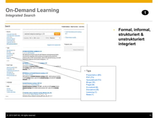 © 2013 SAP AG. All rights reserved. 19
On-Demand Learning
Integrated Search
1
Suche (informelle & formelle Quellen)
• Formal, informal,
strukturiert &
unstrukturiert
integriert
 