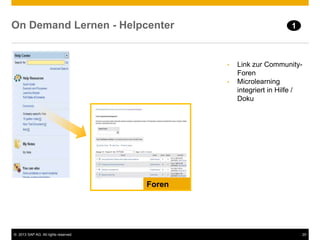© 2013 SAP AG. All rights reserved. 20
On Demand Lernen - Helpcenter
Foren
• Link zur Community-
Foren
• Microlearning
integriert in Hilfe /
Doku
1
 