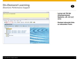 © 2013 SAP AG. All rights reserved. 21
On-Demand Learning
Electronic Performance Support
• Lernen als Teil der
Arbeitsprozesse/
Systeme, z.B. mit SAP
WPB
• Kontext relevante links
zu relevanten Foren
1
 