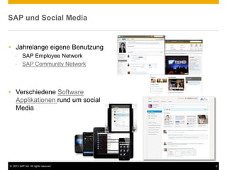 © 2013 SAP AG. All rights reserved. 6
SAP und Social Media
• Jahrelange eigene Benutzung
• SAP Employee Network
• SAP Community Network
• Verschiedene Software
Applikationen rund um social
Media
 