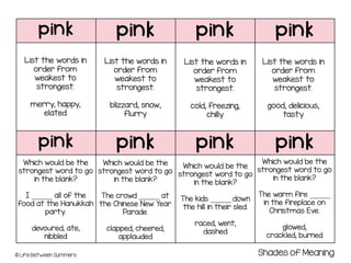 pink pink pink pink
pink pink pink pink
© Life Between Summers
List the words in
order from
weakest to
strongest.
merry, happy,
elated
Which would be the
strongest word to go
in the blank?
I ______ all of the
food at the Hanukkah
party.
devoured, ate,
nibbled
List the words in
order from
weakest to
strongest.
blizzard, snow,
flurry
List the words in
order from
weakest to
strongest.
cold, freezing,
chilly
List the words in
order from
weakest to
strongest.
good, delicious,
tasty
Which would be the
strongest word to go
in the blank?
The crowd ______ at
the Chinese New Year
Parade.
clapped, cheered,
applauded
Which would be the
strongest word to go
in the blank?
The kids ______ down
the hill in their sled.
raced, went,
dashed
Which would be the
strongest word to go
in the blank?
The warm fire ______
in the fireplace on
Christmas Eve.
glowed,
crackled, burned
Shades of Meaning
 