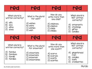 red red red red
red red red red
© Life Between Summers
Which plural is
written correctly?
A) elfs
B) elvs
C) elfes
D) elves
How do you
write more than
one scarf?
A) scarvs
B) scarves
C) scarfs
D) scarfes
What is the plural
for wish?
A) wishes
B) wishs
C) wishies
D) wish
Which plural is
NOT written
correctly?
A) ornaments
B) stockings
C) giftes
D) candles
How do you
write more than
one child?
A) childrens
B) children
C) childs
D) childes
Which plural is
written correctly?
A) familys
B) familyes
C) familis
D) families
What is the plural
for snowman?
A) snowmans
B) snowmens
C) snowmen
D) snowmanes
Which plural is
NOT written
correctly?
A) gingerbread
men
B) candies
C) loafs
D) cranberries
Plurals
 