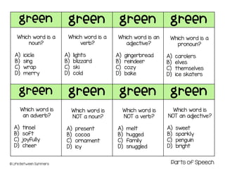 green green green green
green green green green
© Life Between Summers
Which word is a
noun?
A) icicle
B) sing
C) wrap
D) merry
Which word is a
verb?
A) lights
B) blizzard
C) ski
D) cold
Which word is an
adjective?
A) gingerbread
B) reindeer
C) cozy
D) bake
Which word is a
pronoun?
A) carolers
B) elves
C) themselves
D) ice skaters
Which word is
NOT a noun?
A) present
B) cocoa
C) ornament
D) icy
Which word is
NOT a verb?
A) melt
B) hugged
C) family
D) snuggled
Which word is
NOT an adjective?
A) sweet
B) sparkly
C) penguin
D) bright
Which word is
an adverb?
A) tinsel
B) soft
C) joyfully
D) cheer
Parts of Speech
 