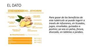EL DATO
Para gozar de los beneficios de
este tubérculo se puede ingerir a
través de infusiones, en licuados,
jugos, ensaladas, guisados o
postres; ya sea en polvo, fresco,
disecado, en tabletas o jarabes.
 
