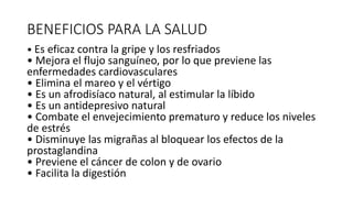 BENEFICIOS PARA LA SALUD
• Es eficaz contra la gripe y los resfriados
• Mejora el flujo sanguíneo, por lo que previene las
enfermedades cardiovasculares
• Elimina el mareo y el vértigo
• Es un afrodisíaco natural, al estimular la líbido
• Es un antidepresivo natural
• Combate el envejecimiento prematuro y reduce los niveles
de estrés
• Disminuye las migrañas al bloquear los efectos de la
prostaglandina
• Previene el cáncer de colon y de ovario
• Facilita la digestión
 