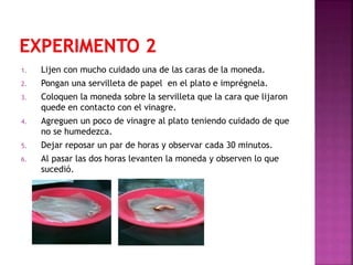 1. Lijen con mucho cuidado una de las caras de la moneda.
2. Pongan una servilleta de papel en el plato e imprégnela.
3. Coloquen la moneda sobre la servilleta que la cara que lijaron
quede en contacto con el vinagre.
4. Agreguen un poco de vinagre al plato teniendo cuidado de que
no se humedezca.
5. Dejar reposar un par de horas y observar cada 30 minutos.
6. Al pasar las dos horas levanten la moneda y observen lo que
sucedió.
 