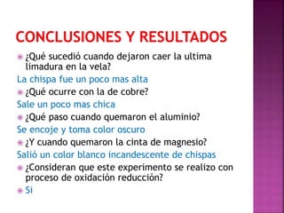  ¿Qué sucedió cuando dejaron caer la ultima
limadura en la vela?
La chispa fue un poco mas alta
 ¿Qué ocurre con la de cobre?
Sale un poco mas chica
 ¿Qué paso cuando quemaron el aluminio?
Se encoje y toma color oscuro
 ¿Y cuando quemaron la cinta de magnesio?
Salió un color blanco incandescente de chispas
 ¿Consideran que este experimento se realizo con
proceso de oxidación reducción?
 Si
 