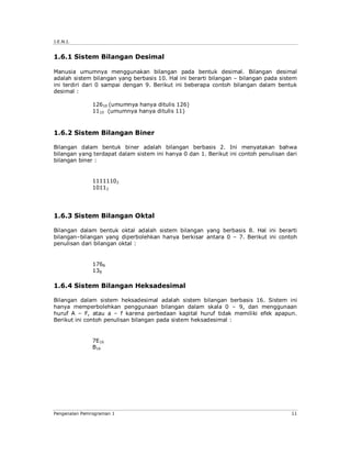 J.E.N.I. 
1.6.1 Sistem Bilangan Desimal 
Manusia umumnya menggunakan bilangan pada bentuk desimal. Bilangan desimal 
adalah sistem bilangan yang berbasis 10. Hal ini berarti bilangan – bilangan pada sistem 
ini terdiri dari 0 sampai dengan 9. Berikut ini beberapa contoh bilangan dalam bentuk 
desimal : 
12610 (umumnya hanya ditulis 126) 
1110 (umumnya hanya ditulis 11) 
1.6.2 Sistem Bilangan Biner 
Bilangan dalam bentuk biner adalah bilangan berbasis 2. Ini menyatakan bahwa 
bilangan yang terdapat dalam sistem ini hanya 0 dan 1. Berikut ini contoh penulisan dari 
bilangan biner : 
11111102 
10112 
1.6.3 Sistem Bilangan Oktal 
Bilangan dalam bentuk oktal adalah sistem bilangan yang berbasis 8. Hal ini berarti 
bilangan–bilangan yang diperbolehkan hanya berkisar antara 0 – 7. Berikut ini contoh 
penulisan dari bilangan oktal : 
1768 
138 
1.6.4 Sistem Bilangan Heksadesimal 
Bilangan dalam sistem heksadesimal adalah sistem bilangan berbasis 16. Sistem ini 
hanya memperbolehkan penggunaan bilangan dalam skala 0 – 9, dan menggunaan 
huruf A – F, atau a – f karena perbedaan kapital huruf tidak memiliki efek apapun. 
Berikut ini contoh penulisan bilangan pada sistem heksadesimal : 
7E16 
B16 
Pengenalan Pemrograman 1 11 
 
