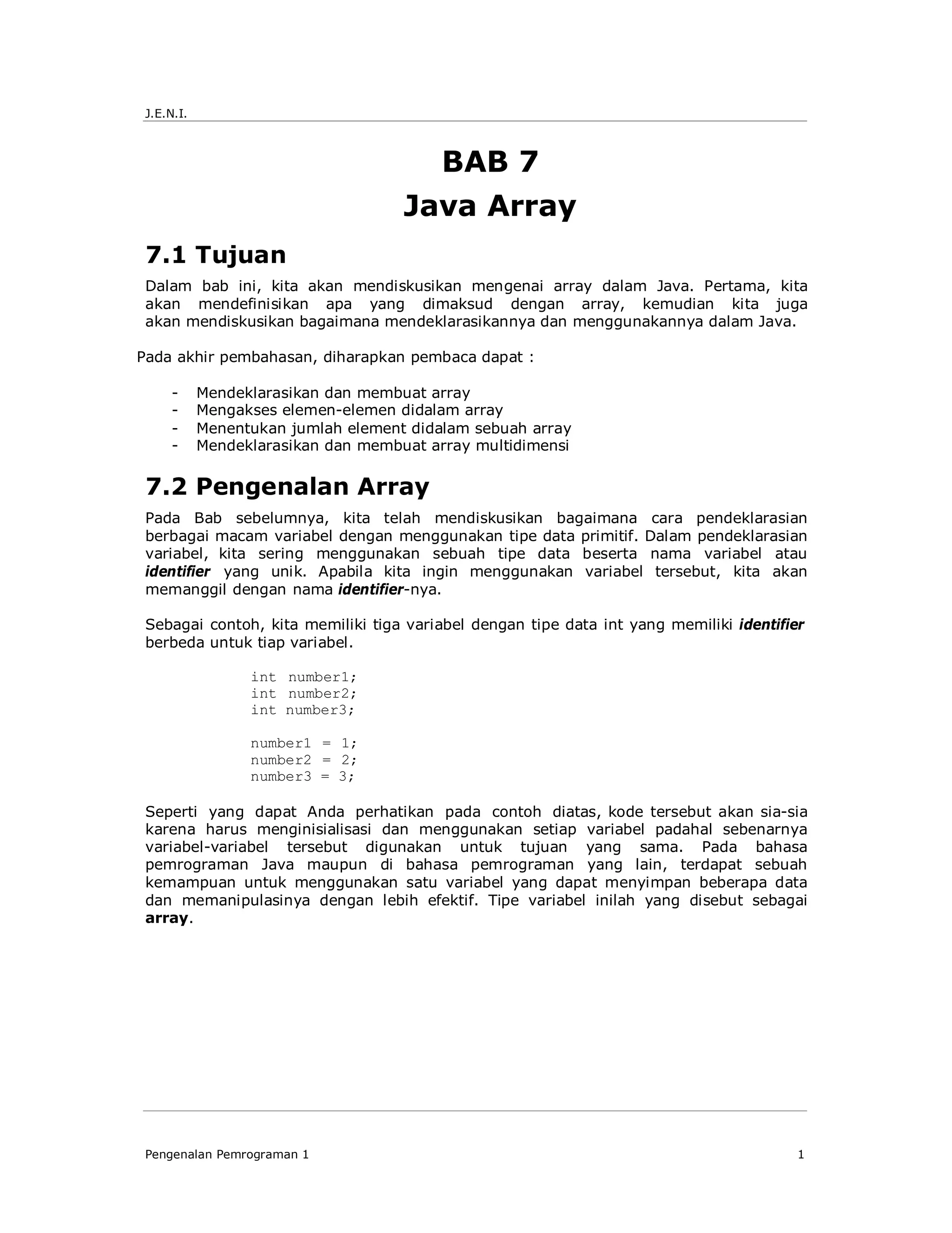 Jeni intro1-bab07-java array | PDF