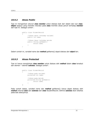 J.E.N.I.
Pengenalan Pemrograman 1 22
10.9.2 Akses Public
Tipe ini mengijinkan seluruh class member untuk diakses baik dari dalam dan luar class.
Object apapun yang memiliki interaksi pada class memiliki akses penuh terhadap member
dari tipe ini. Sebagai contoh :
public class StudentRecord
{
//akses dasar terhadap variabel
public int name;
//akses dasar terhadap metode
public String getName(){
return name;
}
}
Dalam contoh ini, variabel name dan method getName() dapat diakses dari object lain.
10.9.3 Akses Protected
Tipe ini hanya mengijinkan class member untuk diakses oleh method dalam class tersebut
dan elemen – elemen subclass. Sebagai contoh :
public class StudentRecord
{
//akses pada variabel
protected int name;
//akses pada metode
protected String getName(){
return name;
}
}
Pada contoh diatas, variabel name dan method getName() hanya dapat diakses oleh
method internal class dan subclass dari class StudentRecord. Definisi subclass akan dibahas
pada bab selanjutnya.
 