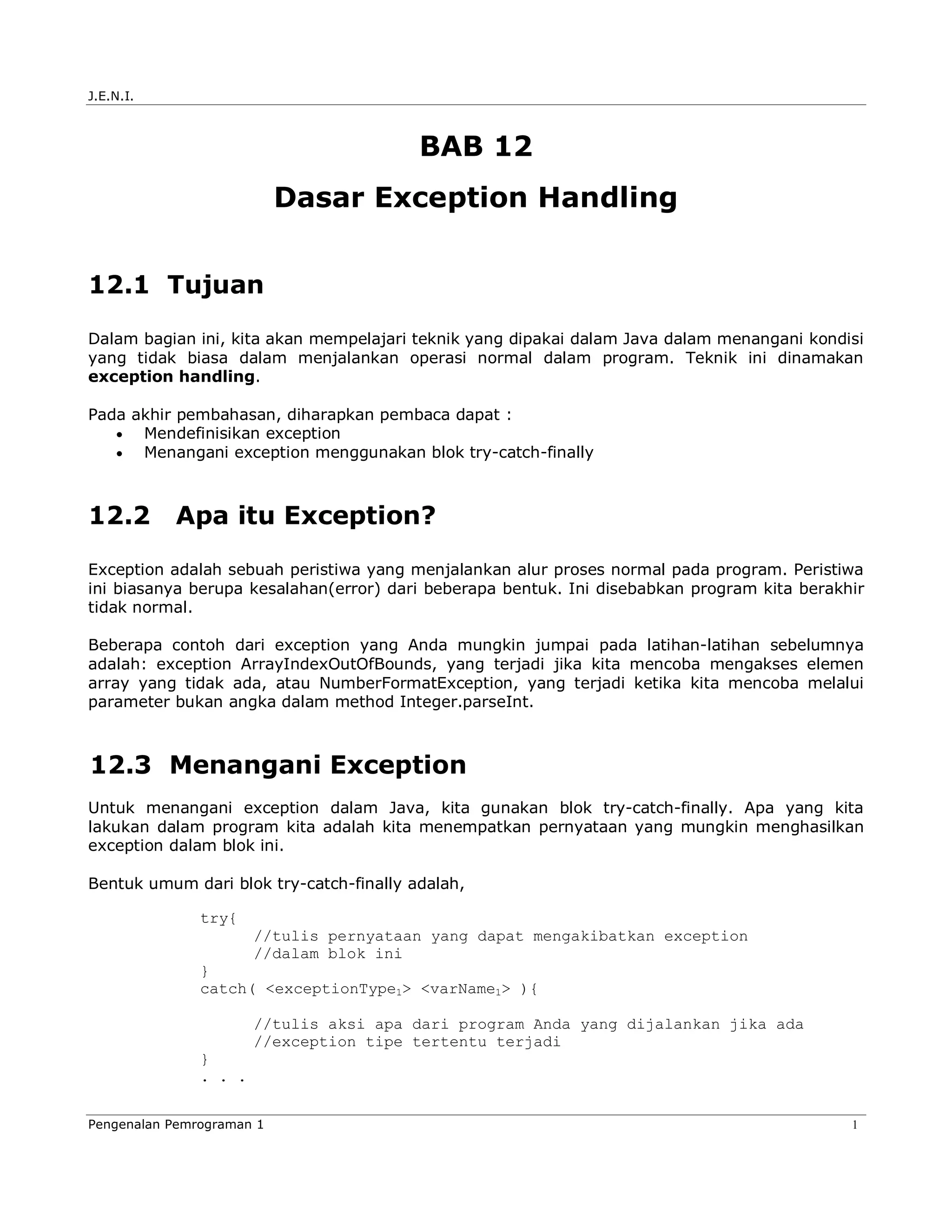 Jeni Intro1 Bab12 Dasar Exception Handling | PDF