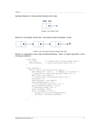 J.E.N.I.


Gambar dibawah ini menunjukkan tampilan dari node.




                                       Gambar 2.6a: Sebuah node




Berikut ini merupakan contoh dari non-empty linked list dengan 3 node.




                           Gambar 3.6b: Non-empty linked list dengan tiga node

Berikut ini bagaimana class node diimplementasikan. Class ini dapat digunakan untuk
membuat linked list.

              class Node {
                 int data;                  /* integer data diisikan dalam node */
                 Node nextNode;             /* node selanjutnya dalam list */
              }

              class TestNode {
                 public static void main(String args[]) {
                    Node emptyList = null;    /* membuat list kosong */
                    /* head points untuk node pertama dalam list */
                    Node head = new Node();
                    /* inisialisasi node pertama dalam list */
                    head.data = 5;
                    head.nextNode = new Node();
                    head.nextNode.data = 10;
                    /* null menandai akhir dari list */
                    head.nextNode.nextNode = null;
                    /* mencetak elemen list */
                    Node currNode = head;
                    while (currNode != null) {
                       System.out.println(currNode.data);
                       currNode = currNode.nextNode;
                    }
                 }
              }




Pengenalan Pemrograman 2                                                             8
 