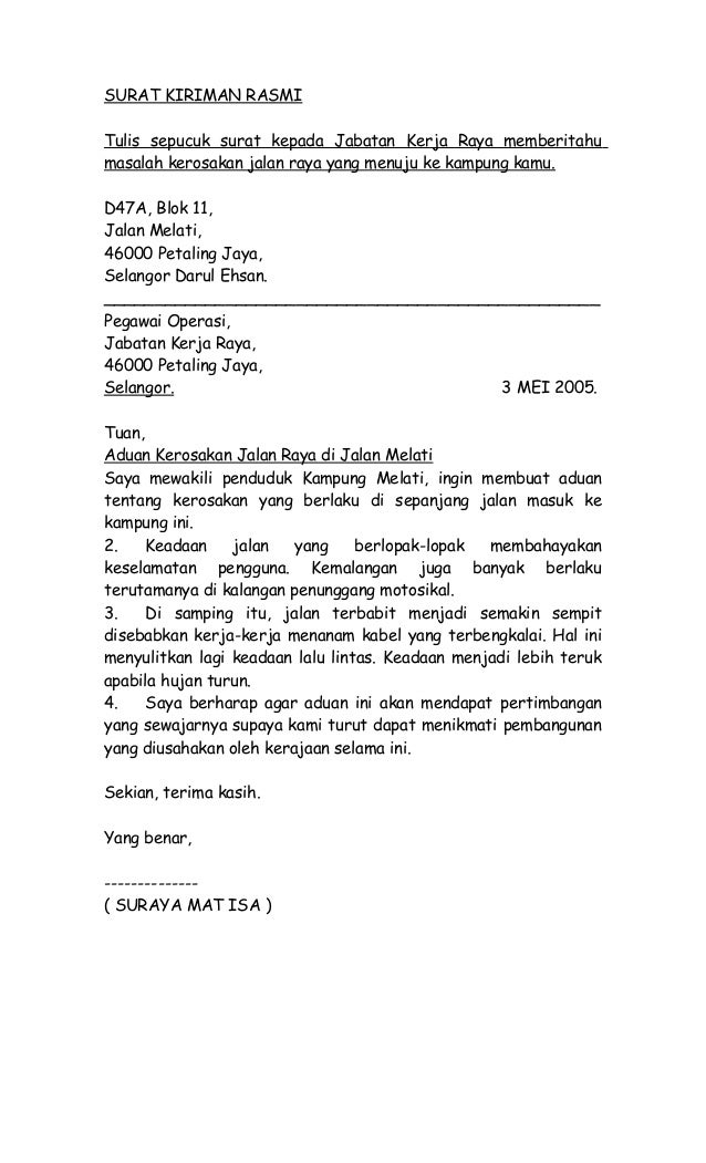 Surat Kiriman Tidak Rasmi Lawatan Ke Kuala Lumpur