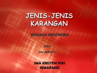 JENIS-JENIS
 KARANGAN
 BAHASA INDONESIA

       OLEH:

    AYU MONITA



  SMA KRISTEN YSKI
    SEMARANG
 