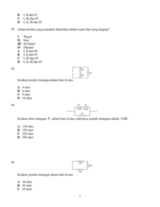 B I, II dan IV
C I, III dan IV
D I, II, III dan IV
22. Antara berikut yang manakah diperlukan dalam suatu litar yang lengkap?
I Wayar
II Suis
III Sel bateri
IV Dinamo
A I, II dan III
B I, II dan IV
C I, III dan IV
D I, II, III dan IV
23.
Kirakan jumlah rintangan dalam litar di atas.
A 4 ohm
B 6 ohm
C 9 ohm
D 18 ohm
24.
Kirakan nilai rintangan 3R dalam litar di atas, sekiranya jumlah rintangan adalah Ω330 .
A 110 ohm
B 150 ohm
C 220 ohm
D 550 ohm
25.
Kirakan jumlah rintangan dalam litar di atas.
A 30 ohm
B 45 ohm
C 55 ohm
6
 