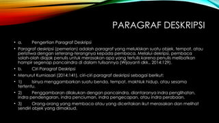 PARAGRAF DESKRIPSI
• a. Pengertian Paragraf Deskripsi
• Paragraf deskripsi (pemerian) adalah paragraf yang melukiskan suatu objek, tempat, atau
peristiwa dengan seterang-terangnya kepada pembaca. Melalui dekripsi, pembaca
solah-olah diajak penulis untuk merasakan apa yang tertulis karena penulis melibatkan
hampir segenap pancaindra di dalam tulisannya (Wijayanti dkk., 2014:129).
• b. Ciri Paragraf Deskripsi
• Menurut Kurniasari (2014:141), ciri-ciri paragraf deskripsi sebagai berikut:
• 1) Isinya menggambarkan suatu benda, tempat, makhluk hidup, atau sesama
tertentu.
• 2) Penggambaran dilakukan dengan pancaindra, diantaranya indra penglihatan,
indra pendengaran, indra penciuman, indra pengecapan, atau indra perabaan.
• 3) Orang-orang yang membaca atau yang diceritakan ikut merasakan dan melihat
sendiri objek yang dimaksud.
 